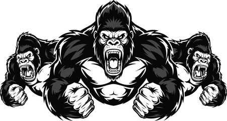 Aggressive Black and White Vector Illustration of Three Roaring Gorillas Showing Teeth and Clenched Fists for Mascot Logo Designs