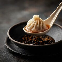 A perfectly pleated soup dumpling on a ceramic spoon, dripping savory sauce into a dark bowl under dramatic, moody lighting.