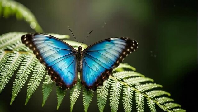 Blue morpho butterfly perched on a fern leaf in the forest