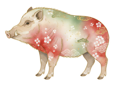 Watercolor Zodiac Animal Boar Illustration with Traditional Japanese Pattern and Gold Glitter