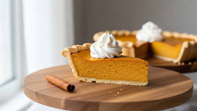 Pumpkin pie slice with whipped cream and cinnamon on wooden stand   - Powered by Adobe