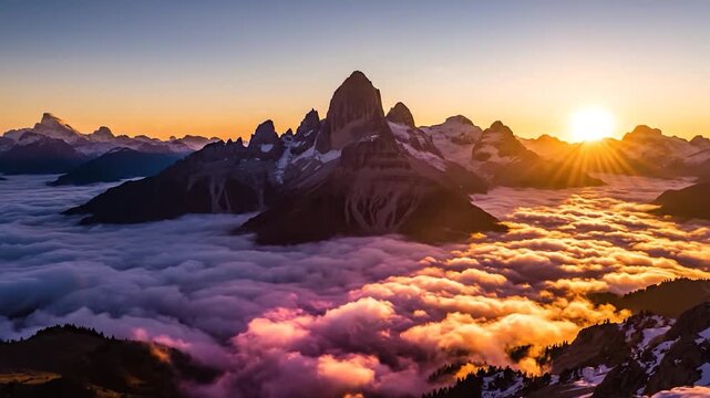 Sunrise over rugged mountain peaks above a vibrant cloud inversion scenic high altitude natural landscape with golden light
