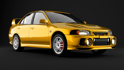 Yellow sport tuned car on black background front view