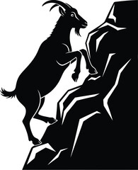 Silhouette of a goat climbing a rocky cliff
