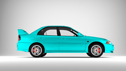 Cyan sport tuned car on white background side view
