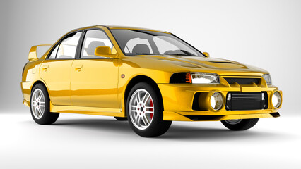 Yellow sport tuned car on white background front view