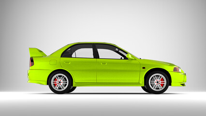 Green sport tuned car on white background side view