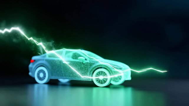 4K futuristic electric car icon formed from interconnected glowing polygonal lines, triangles, and digital particles, left side shaped as a bright green lightning