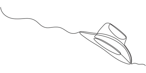 One line art cowboy hat - Minimalist continuous line drawing of western style hat vector illustration, Continuous one line drawing of men hat, Single line drawing of cowboy hat, Vector continuous one 