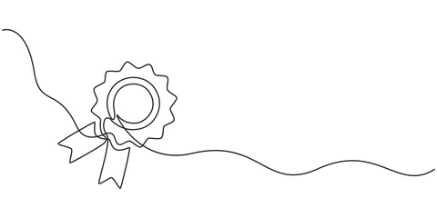 Award badge continuous one line drawing. Isolated on white background vector illustration. Pro vector, Continuous one line shape award isolated vector illustration. Award Ribbon Continuous Line Icon