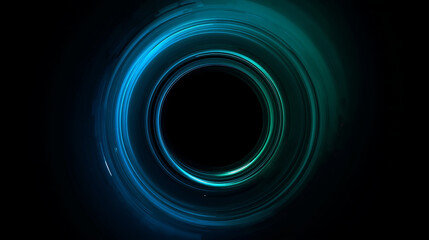 Abstract Black Hole Illustration with Vibrant Blue and Green Light Trails and Dark Background