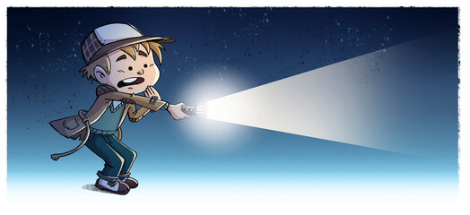 Surprised boy detective pointing a flashlight, night background