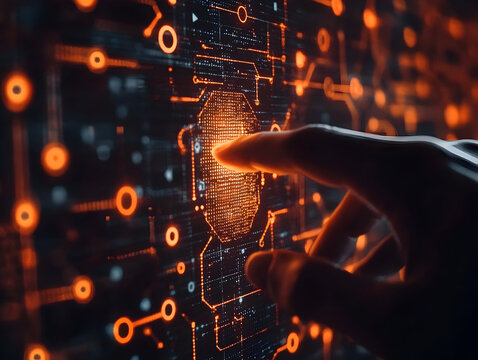 Futuristic hand interacting with glowing biometric interface, showcasing technology in a digital environment