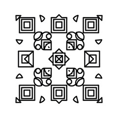 Intricate black and white geometric pattern with symmetrical squares and abstract shapes isolated on