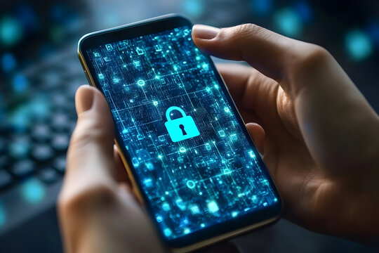 A person holding a smartphone displaying a digital lock symbol, representing cybersecurity and privacy in a tech-savvy environment