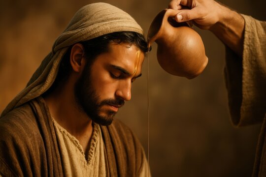 A man is anointed with holy oil in a religious ceremony. Biblical scene representing faith, blessing, and consecration