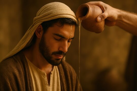 Biblical scene of a man being anointed with oil from a clay jug. A sacred ceremony of faith and spiritual blessing. Consecration of a king or prophet