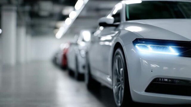 4K row of modern electric vehicle charging stations with glowing blue LED rings, white charging units lined up in a clean indoor environment, electric cars parked and