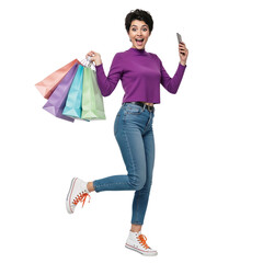 Happy Female Shopper in Casual Wear Checking Phone While Walking with Purchases.