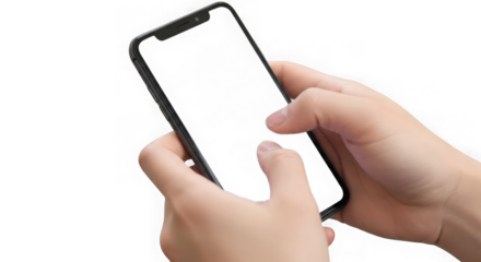 Close up of hands holding and using a modern smartphone with a blank white screen isolated on transparent background