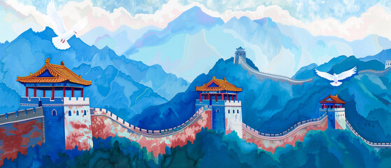 Great wall of china vista with doves flying over mountains