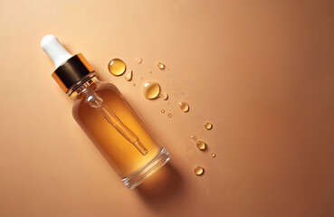 Glass dropper bottle contains golden serum with hyaluronic acid, collagen. Liquid drips onto neutral background, skin hydration treatment product. Beauty care, anti aging solution.
