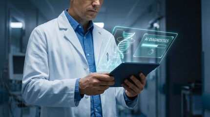 Male doctor holding tablet with hologram of AI diagnostic, DNA, heartbeat, digital data, medical technology, healthcare interface, virtual analysis, futuristic health platform.