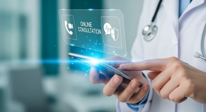 Doctor hand touching smartphone with online consultation hologram, digital healthcare interface, virtual medical icon, remote access display, modern health technology panel.