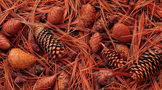 Close-Up View of Pine Cones and Red Pine Needles on the Forest Floor Creating a Warm and Earthy Natural Aesthetic Suitable for Autumn and Nature Themes - Powered by Adobe