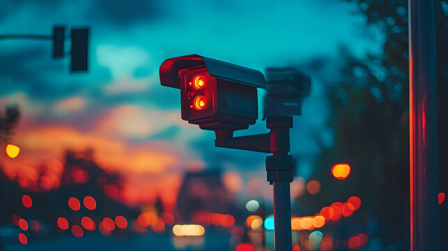 Surveillance camera with red lights against a vibrant sunset backdrop, capturing urban life and traffic movement