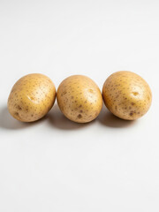 Fototapeta premium Three fresh, raw, whole potatoes lined up on a clean white background, simple isolated on white background