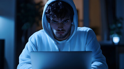Young man in a hoodie focused on a laptop screen in a dimly lit room, creating a tense atmosphere for late-night work