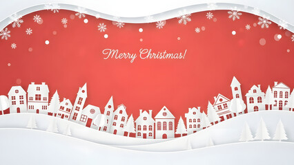Merry Christmas Winter Village Background Paper Cut Out Style Vector Template with Snowflakes Red and White Minimal Design