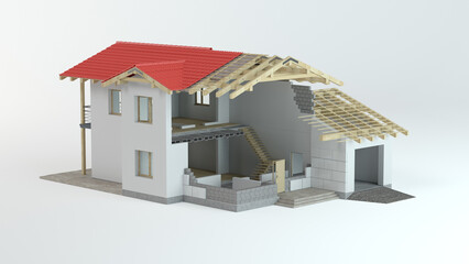 3D Cutaway House Construction Model with Roof Structure and Interior Layout, 3d illustration