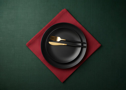 A matte black plate and gold cutlery resting on a red napkin with minimalist table setting against a dark textured surface. Christmas and New Year festive ambiance for holiday dining.