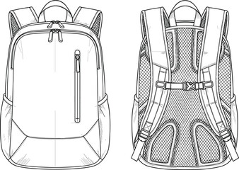 Backpack technical drawing, front and back views, fashion flat sketch, bag design, school, travel, outdoor, casual, durable, versatile, vector, illustration, blueprint, product, modern, functional.