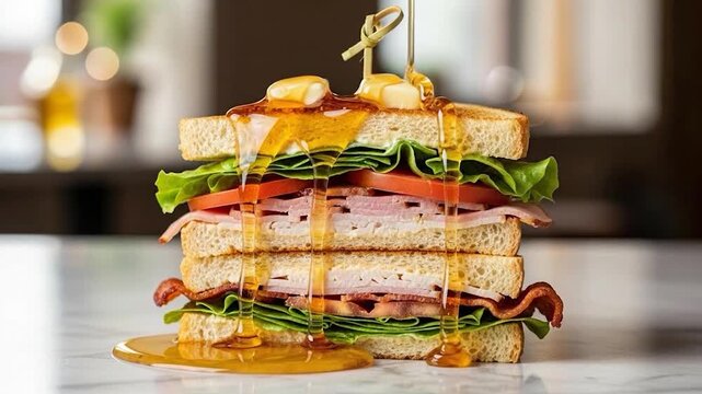 Toasted triple decker sandwich with fresh ingredients and golden honey drizzle