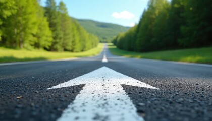 Fototapeta premium Asphalt road stretches toward horizon passing green forest trees. White arrow indicates forward direction movement. Road journey, success, leadership, direction, achievement, progress. Pavement