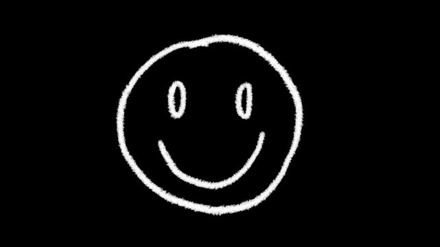 An abstract animated loop of white scribbled lines forming a smiling emoticon or happy face on a pure black background. The scene represents happiness, communication, and creative expression.