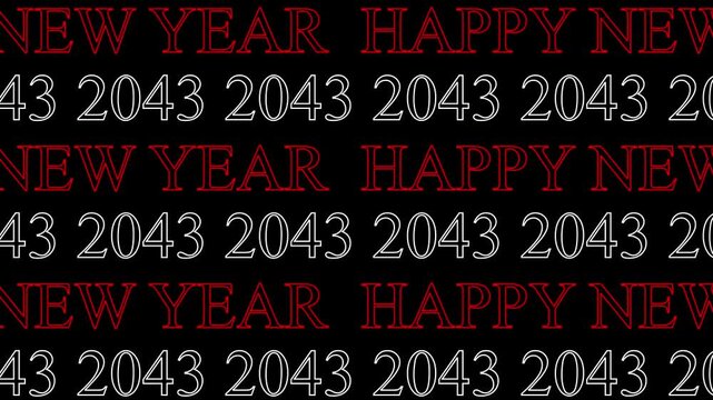Repeating pattern of red and white text HAPYNEWYEAR and the year 2043 on a black background