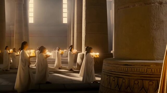 Ancient Egyptian temple ritual with Pharaoh and procession of priests holding glowing sacred artifacts in soft morning light