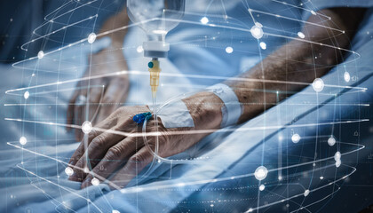 Patient Hand with Medical Treatment: A close-up shot of a patient's hand connected to an IV drip, showcasing the intersection of medical care and advanced technology with a world map overlay.