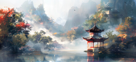 Misty asian landscape with traditional pavilion and serene lake reflection