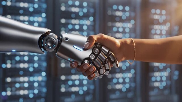 Robotic hand grips human hand in handshake against blurred server rack background Mechanical fingers interlock with organic skin Static close-up shot