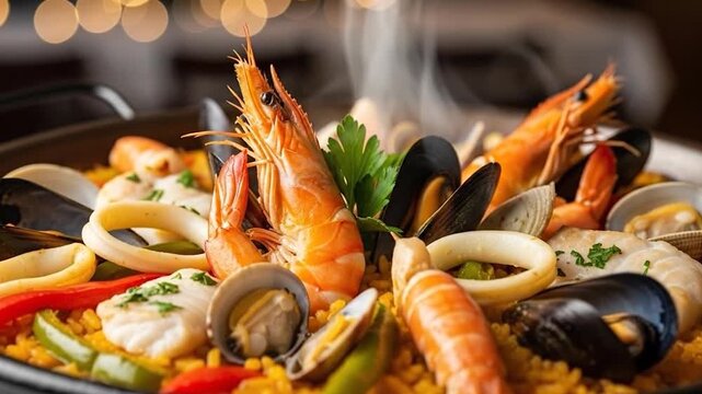 Traditional seafood dish with steaming rice and fresh shellfish