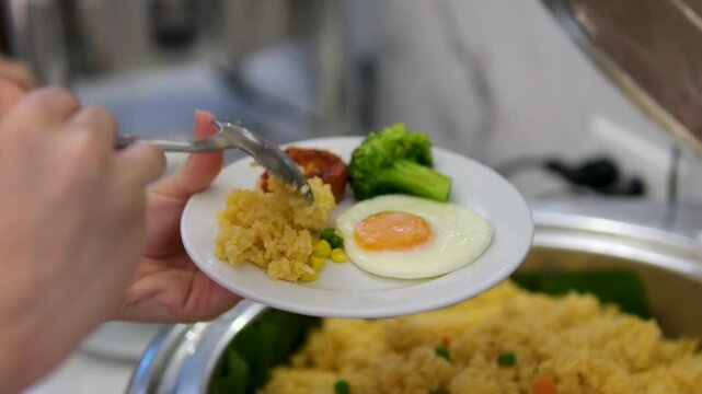 Nasi Berkat is rice with side dishes of beef rendang, crispy tempeh, egg, caramelized potato chip, and steamed mixed vegetable.