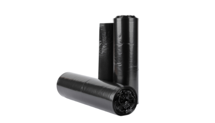 Three black garbage bag rolls are visible against a white background showing their cylindrical shape and texture alpha channel
