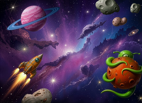Concept art background wallpaper: cosmic galaxies, rocket & alien in a quirky universe.