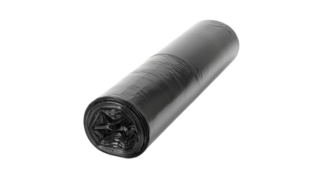 Rolled black plastic garbage bags with a star shaped opening visible on one end, lying horizontally on a plain surface white background