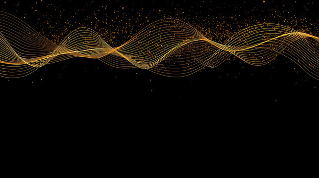 Elegant golden wave background with shimmering particles and dark backdrop for luxury presentation or invitation designs
